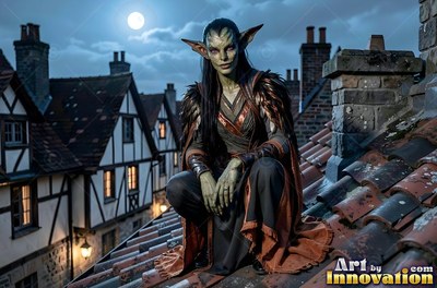 A green-skinned goblin woman crouches on a tiled rooftop under a bright full moon