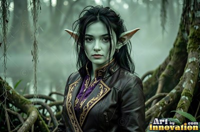 In a misty swamp, a green-skinned goblin woman wears a dark leather coat
