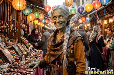 Smiling in an outdoor market, an elderly goblin woman stands beneath hanging lanterns
