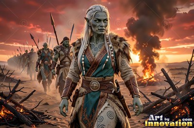 Orc woman in teal tunic leading soldiers across a smoking field