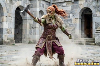 In a fur-trimmed leather vest in a stone courtyard, a woman raises an axe