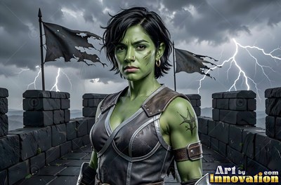 A green-skinned orc woman stands on a stone wall under white lightning flashes in a gray sky