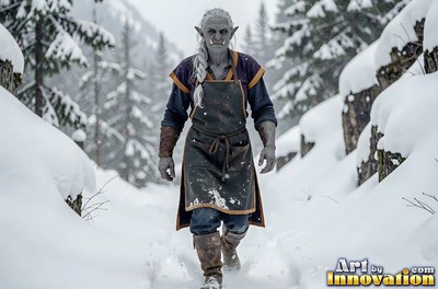A gray-skinned orc woman in a leather apron walks down a snowy trail