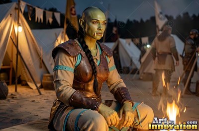 In an army camp, a green-skinned orc woman in leather armor sits by a small fire