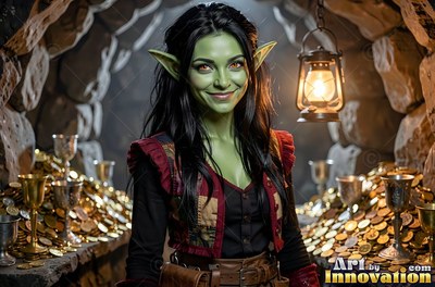 Smiling near a hanging lantern, a green goblin woman stands in a stone cave filled with gold coins
