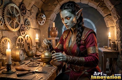 Goblin woman in a red tunic repairs a metal device at a workbench