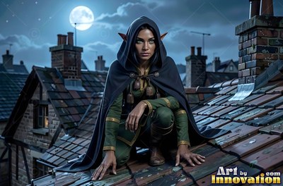 Pointed ears poke from the dark cloak of an elven woman crouching on a slate roof at night