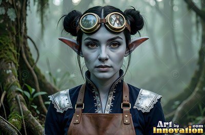 A goblin woman stands wearing brass goggles on her head in pale green woods
