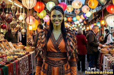 Facing forward in a crowded lantern market, a green goblin woman smiles