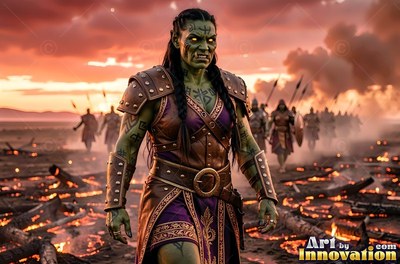 A fierce green orc woman in purple armor walks across a smoky battlefield at sunset