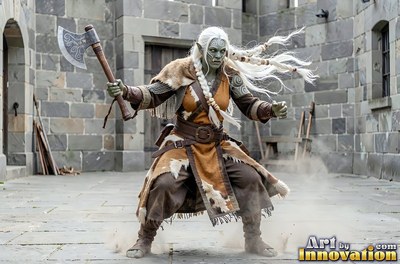 In a stone courtyard, an orc woman in brown furs readies an axe
