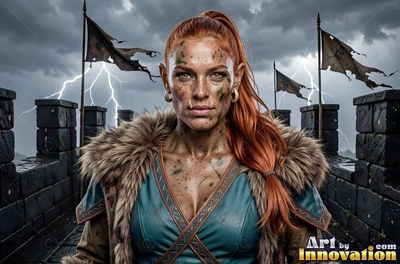 Standing on a stone fortress wall, a red-haired orc woman looks forward under storm clouds