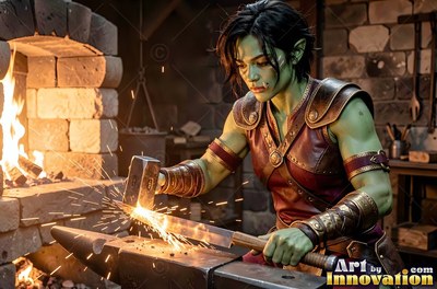 Green-skinned woman hammers a hot blade on an anvil in a forge