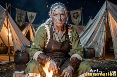 An older goblin woman sits in camp wearing a green tunic lit by orange firelight