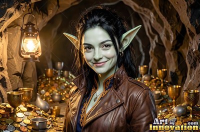 Facing forward in a treasure cave, a smiling goblin woman is wearing a leather jacket