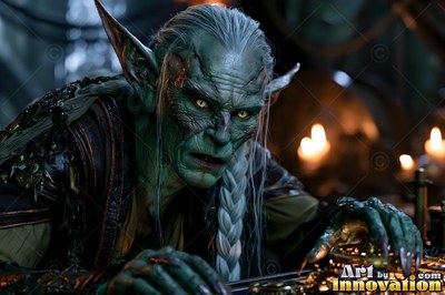 Green goblin woman with braided white hair leans over a table