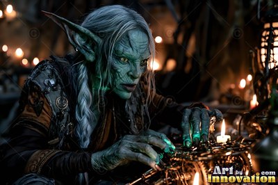 With pointed ears, a woman works on tiny gears in a dark candlelit room