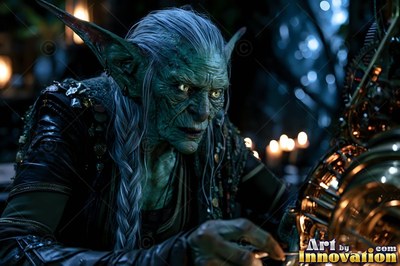 An elderly goblin woman examines brass machinery by warm candlelight
