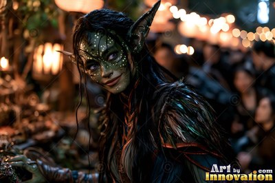 Turned toward the viewer in a night market, a green-skinned goblin woman smiles