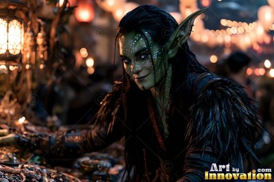 A green goblin woman smiles near lanterns in a crowded night market