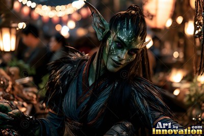 Smiling in a night market, a green-skinned goblin woman wears dark feathers on her shoulders