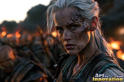 Scarred warrior woman with white hair before a firelit army