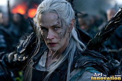 Long white hair frames a scarred warrior woman standing before an army in the dark campfire light