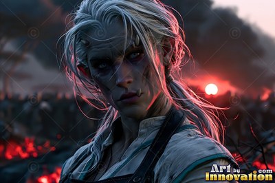 A pale-haired orc woman looks forward as red light catches the side of her face