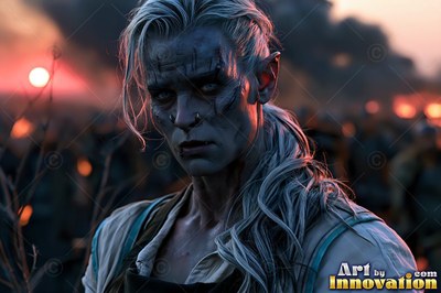 Facing forward in a smoky field, a scarred orc woman with silver hair