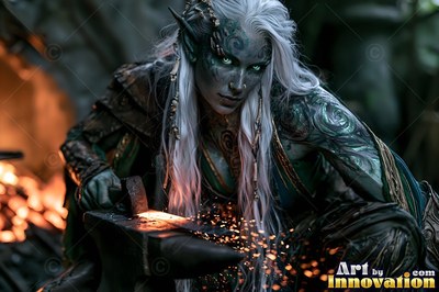 A green-skinned woman with white hair hammers hot metal on an anvil with sparks flying