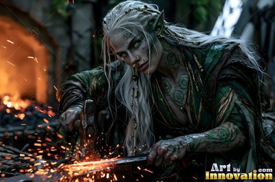At a fiery forge, an elf-eared woman in green strikes hot metal with a hammer