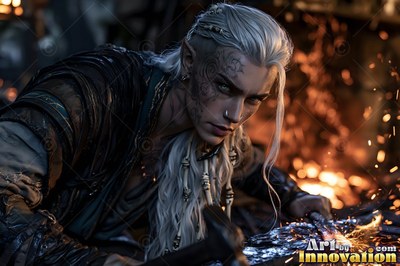 Forging hot metal, a tattooed elf woman leans forward in warm forge light
