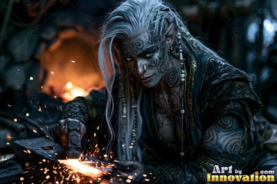Tattooed goblin woman hammering hot metal on an anvil