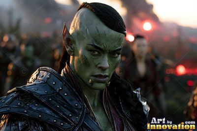 Black leather armor fits an orc woman who glares before a smoking field of red fire