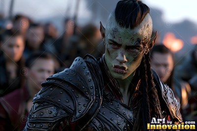An orc woman warrior stands in dark studded armor with warm firelight behind her