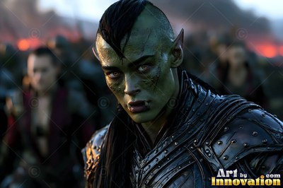 Facing forward on a battlefield, a green-skinned orc woman wears dark armor