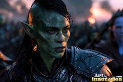 A green-skinned orc woman wearing dark armor stands before an army at sunset