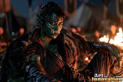 At a night camp, a green-skinned orc woman in dark furs sits by a bright fire