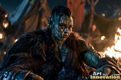 Sitting near campfires, a green-skinned orc woman is wearing dark furs and chainmail armor