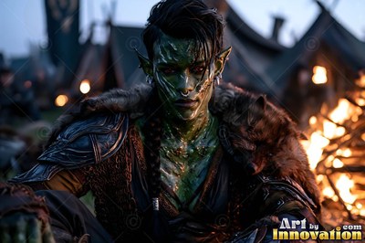 Green orc woman sitting in fur armor by a campfire camp