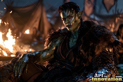 A fur-collared cape warms an orc woman resting in a dark campsite by firelight