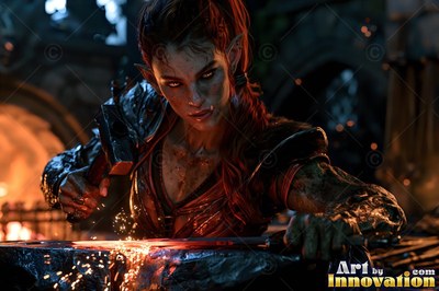 An orc woman hammers hot metal on an anvil lit by warm orange sparks