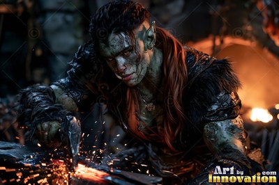 Leaning over an anvil in a dark forge, an orc woman hammers hot metal