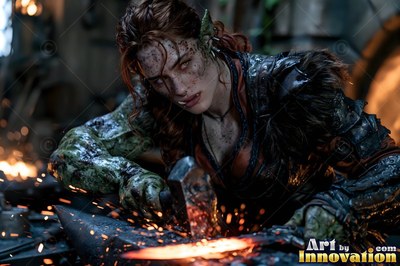 A tusked orc woman hammers hot red metal on an anvil as bright sparks fly around her