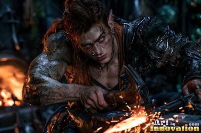 In a dark forge, a muscular goblin woman strikes hot iron with a hammer