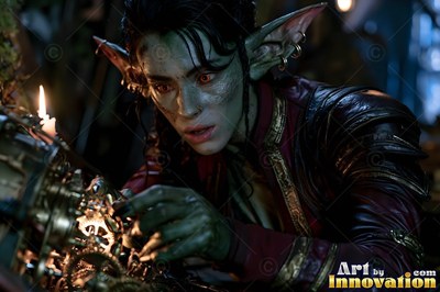 A goblin woman fixes small brass clockwork gears by candlelight