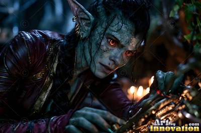Pointed ears with gold rings frame a goblin woman working on brass gears in a dark workshop