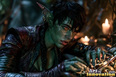 A goblin woman leans over small brass gears in soft candlelight
