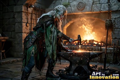 Bending over an anvil in a stone forge, a goblin woman hammers hot iron
