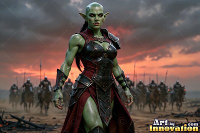 A green-skinned orc woman in dark armor stands before riders under a red sunset sky